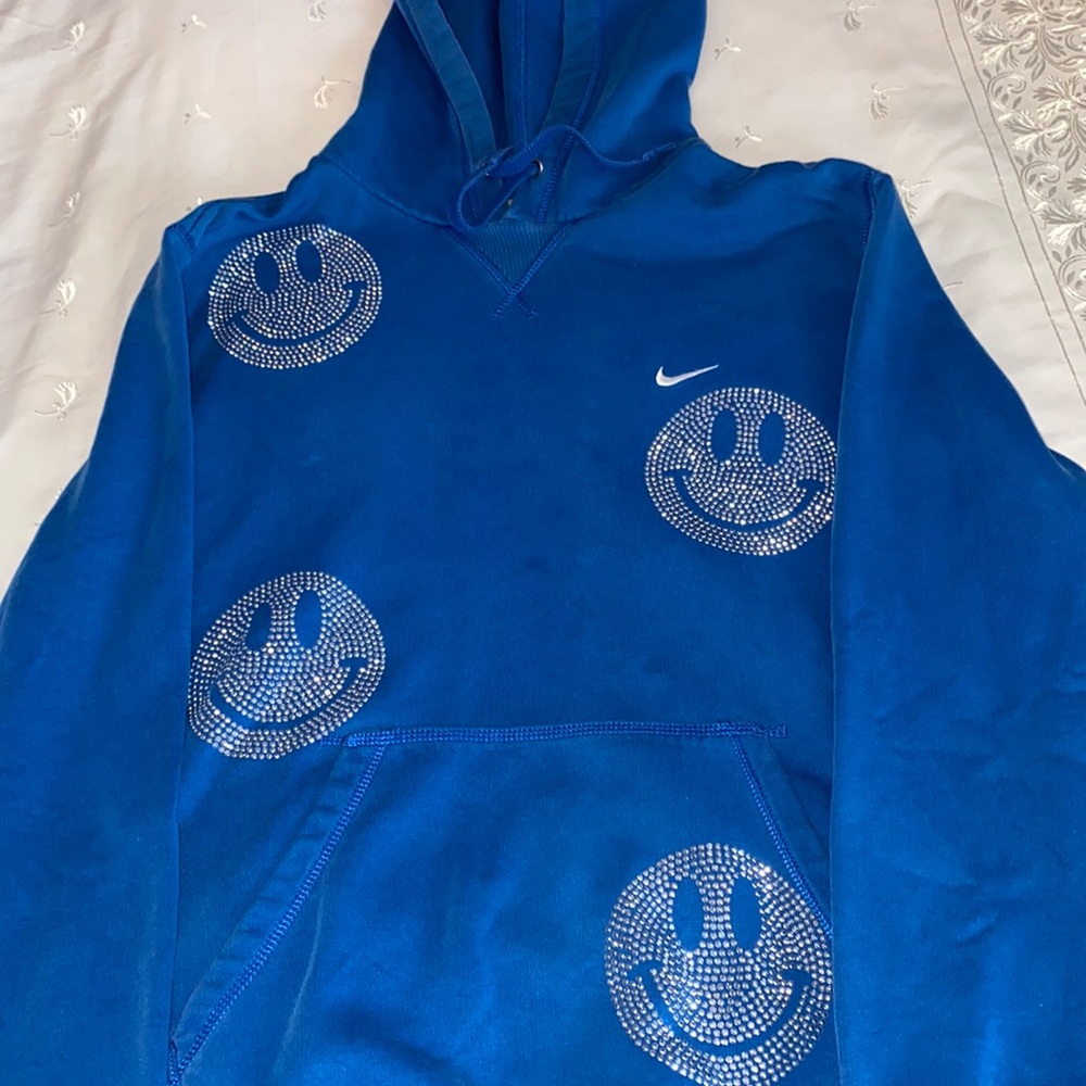 iamkoko.la smiley face rhinestone blue nike hoodie